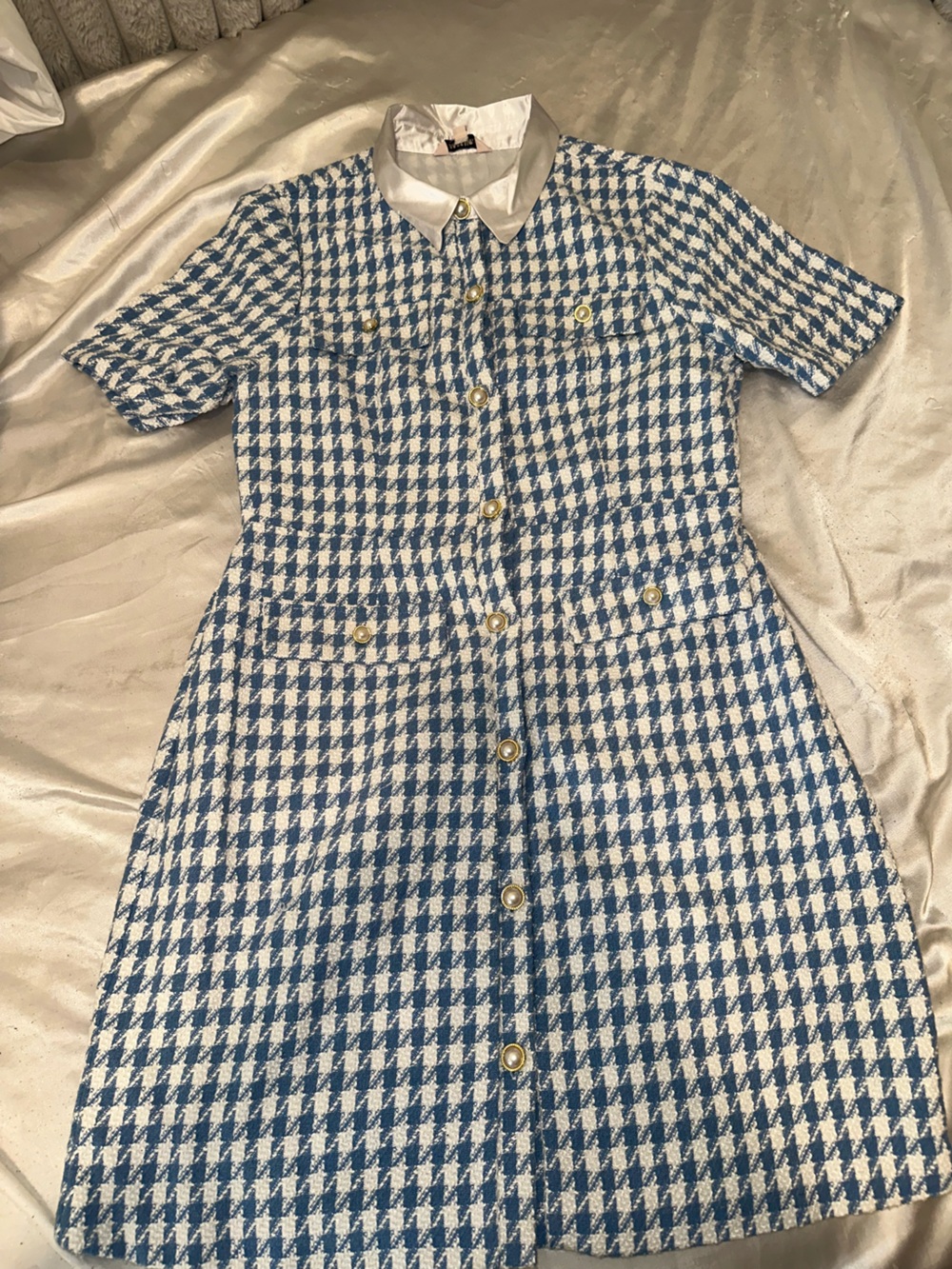 Diamante Pearl-Button Blue & White Houndstooth Dress